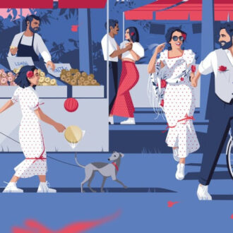 Imagen ilustrada de una escena festiva en la calle, con personas vestidas con trajes tradicionales madrileños modernizados, paseando, charlando y comprando rosquillas en un puesto de feria, bajo toldos rojos y en un ambiente alegre y primaveral.